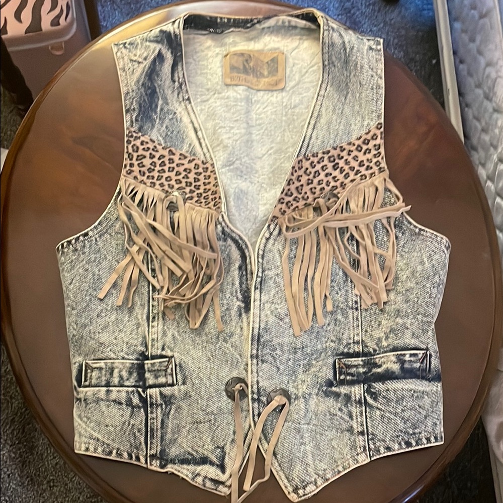 Vintage Denim Vest with Fringe and Leopard Print